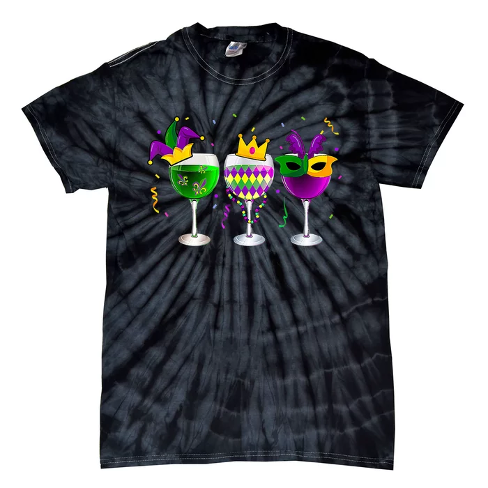 Funny Drinking Wine Mardi Gras Glass Of Wine Tie-Dye T-Shirt