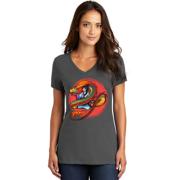 Fire Dragon Warrior Woman Women's V-Neck T-Shirt