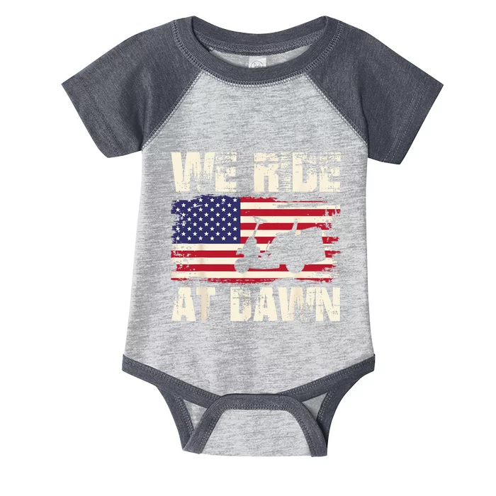 Father's Day We Ride At Dawn Lawnmower USA Flag Mowing Infant Baby Jersey Bodysuit