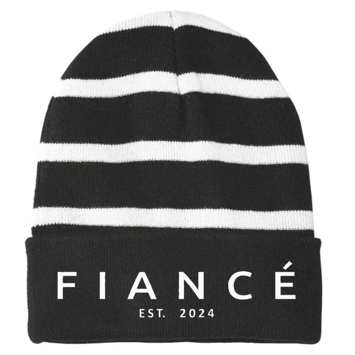 Fiancé Est. 2024 Engaged Future Husband Engaget Fiancé Striped Beanie with Solid Band