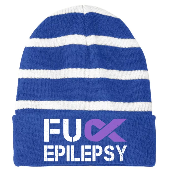 Fuck Epilepsy Awareness Month Purple Ribbon Warrior Fighter Cute Gift Striped Beanie with Solid Band