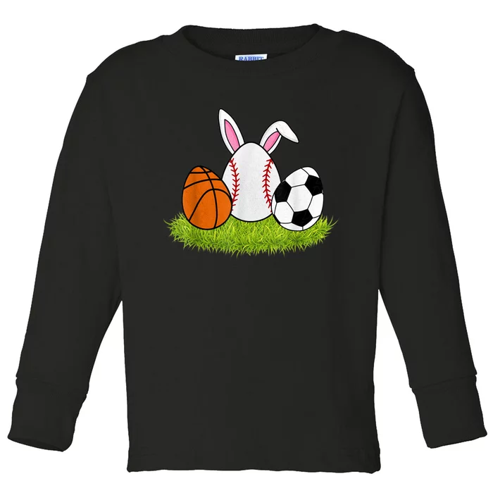 Funny Easter Baseball Basketball Soccer Bunnies Rabbit Toddler Long Sleeve Shirt