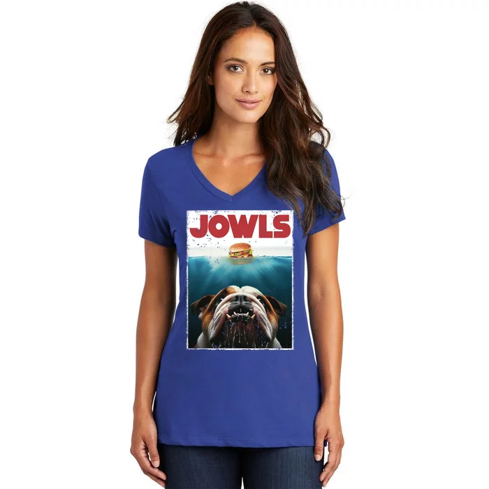 Funny English Bulldog Jowls Burger Bully Dog Mom Dog Dad Women's V-Neck T-Shirt