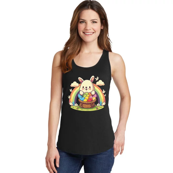 Fluffy Easter bunny holding a basket of colorful Easter eggs Ladies Essential Tank