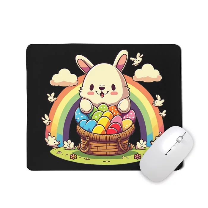 Fluffy Easter bunny holding a basket of colorful Easter eggs Mousepad