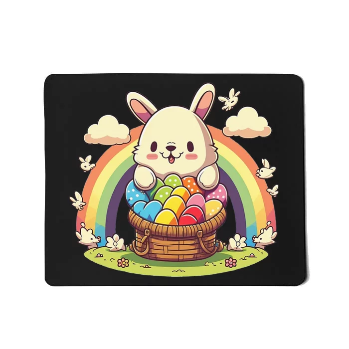 Fluffy Easter bunny holding a basket of colorful Easter eggs Mousepad