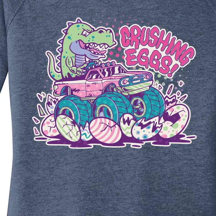 Funny Easter Crushing Eggs TRex Dinosaur Monster Truck Women's Perfect Tri Tunic Long Sleeve Shirt