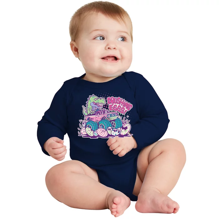 Funny Easter Crushing Eggs TRex Dinosaur Monster Truck Baby Long Sleeve Bodysuit