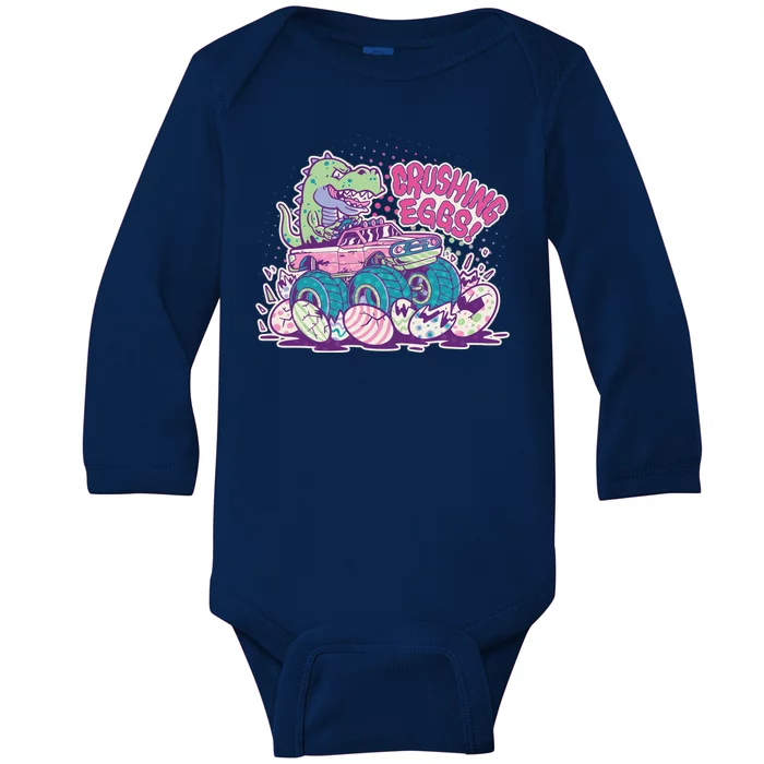 Funny Easter Crushing Eggs TRex Dinosaur Monster Truck Baby Long Sleeve Bodysuit