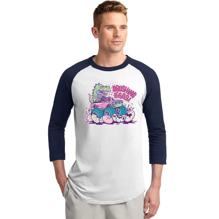 Funny Easter Crushing Eggs TRex Dinosaur Monster Truck Baseball Sleeve Shirt