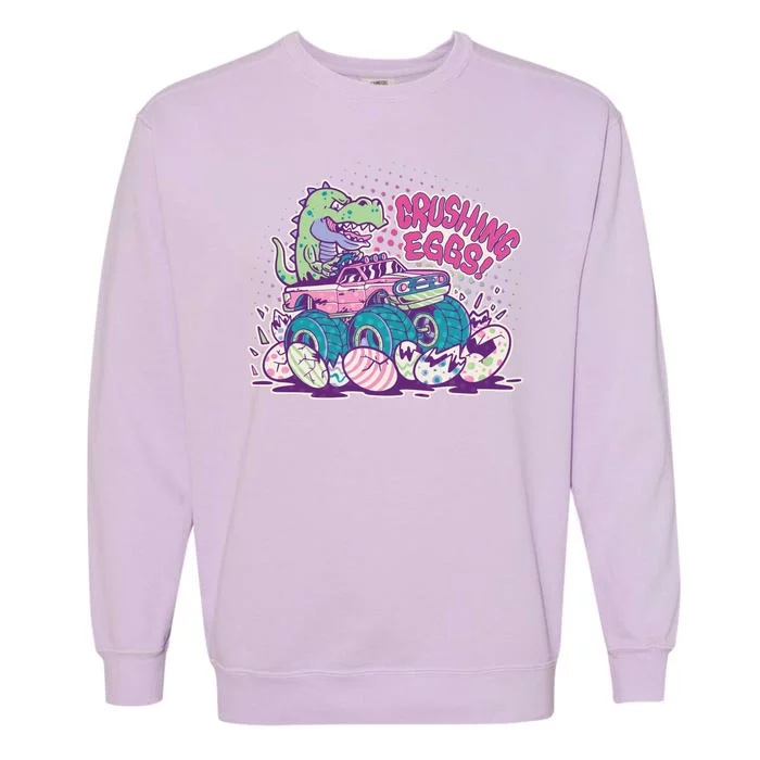 Funny Easter Crushing Eggs TRex Dinosaur Monster Truck Garment-Dyed Sweatshirt