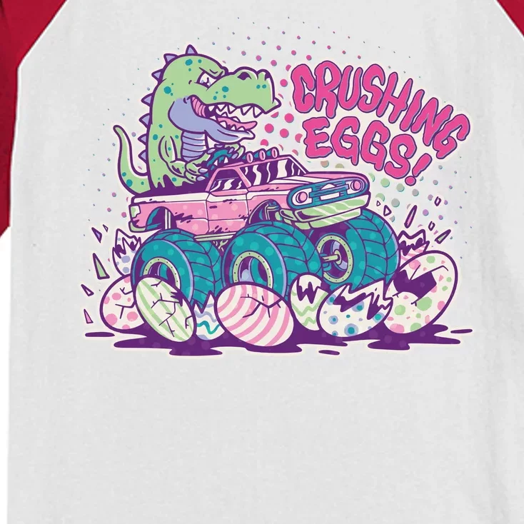 Funny Easter Crushing Eggs TRex Dinosaur Monster Truck Kids Colorblock Raglan Jersey