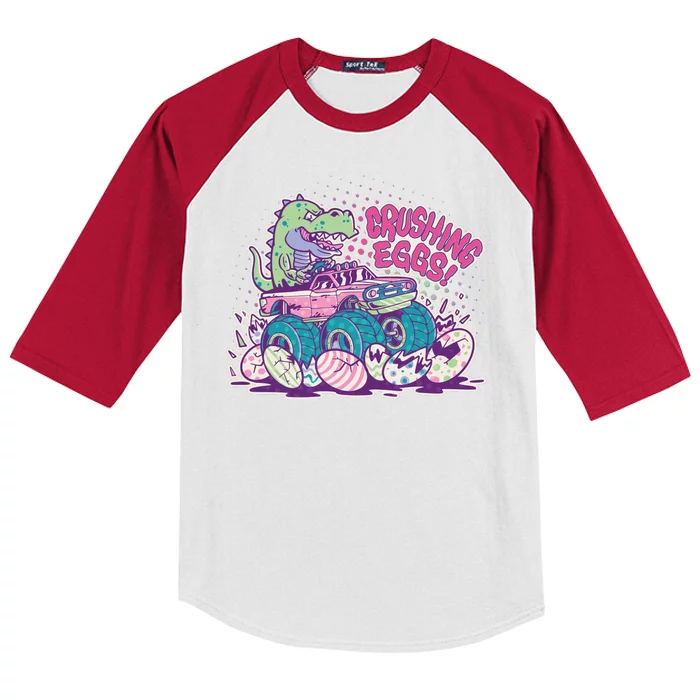 Funny Easter Crushing Eggs TRex Dinosaur Monster Truck Kids Colorblock Raglan Jersey