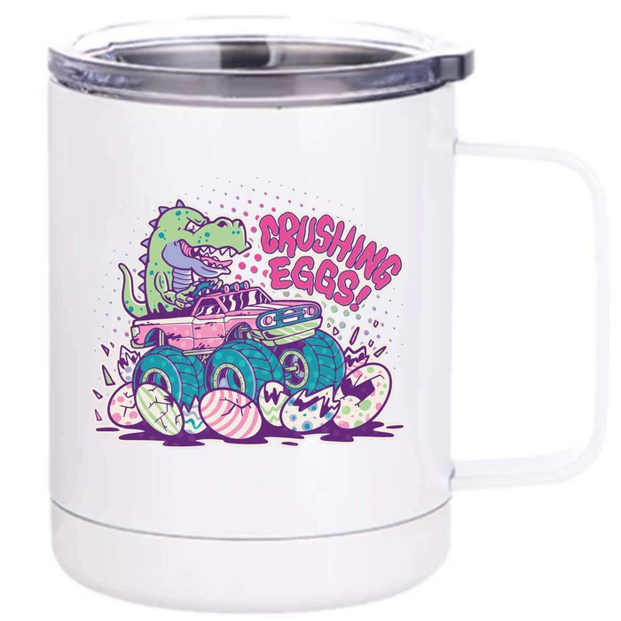 Funny Easter Crushing Eggs TRex Dinosaur Monster Truck Front & Back 12oz Stainless Steel Tumbler Cup