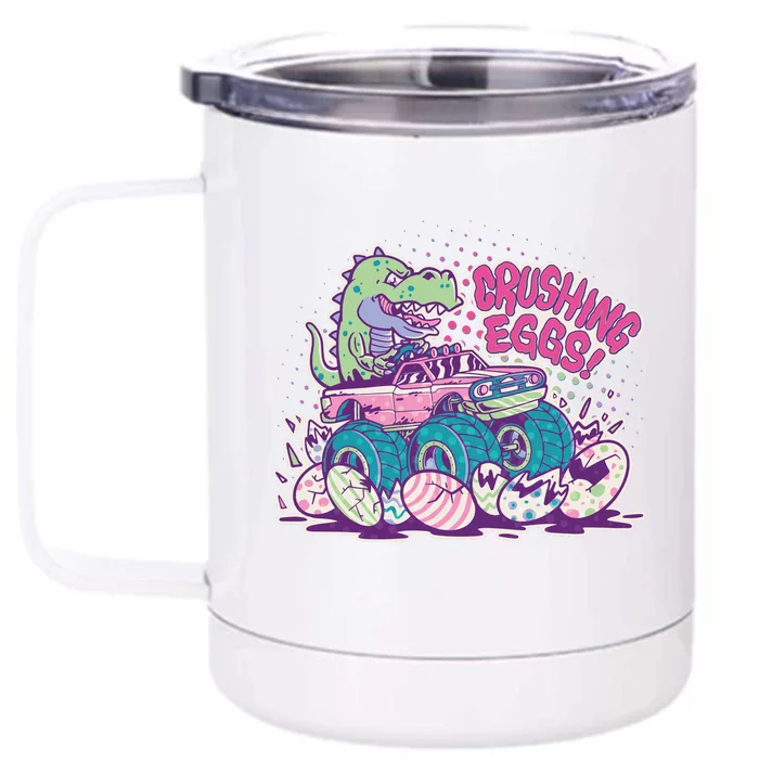 Funny Easter Crushing Eggs TRex Dinosaur Monster Truck Front & Back 12oz Stainless Steel Tumbler Cup