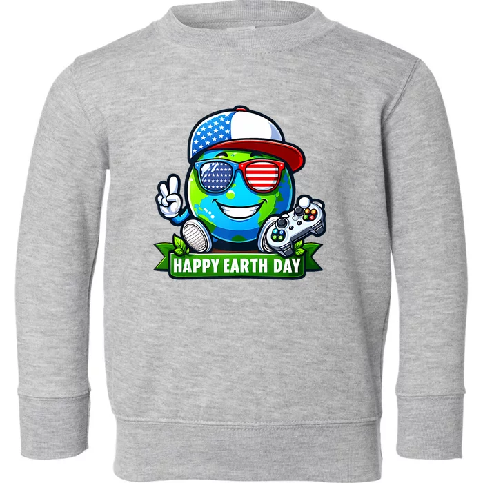 Funny Earth Day Playing Video GamesUsa Flag Glasses2024 Toddler Sweatshirt