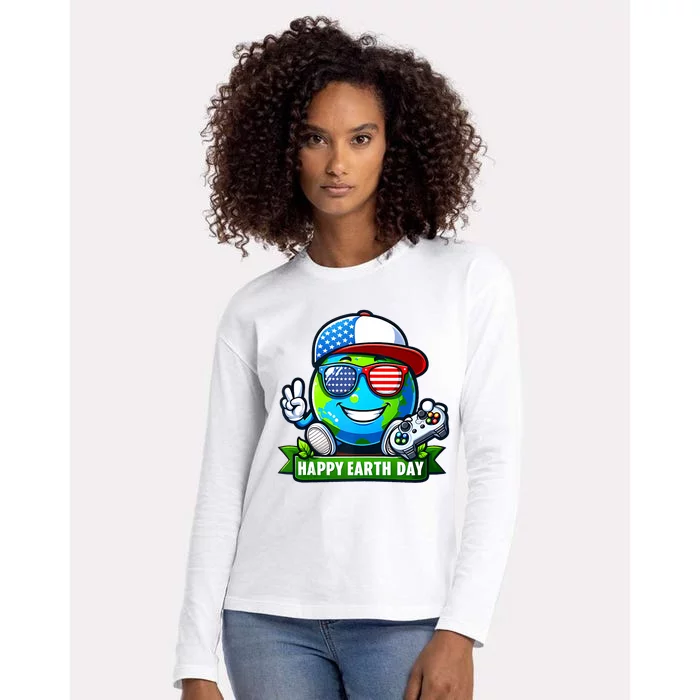 Funny Earth Day Playing Video GamesUsa Flag Glasses2024 Womens Cotton Relaxed Long Sleeve T-Shirt