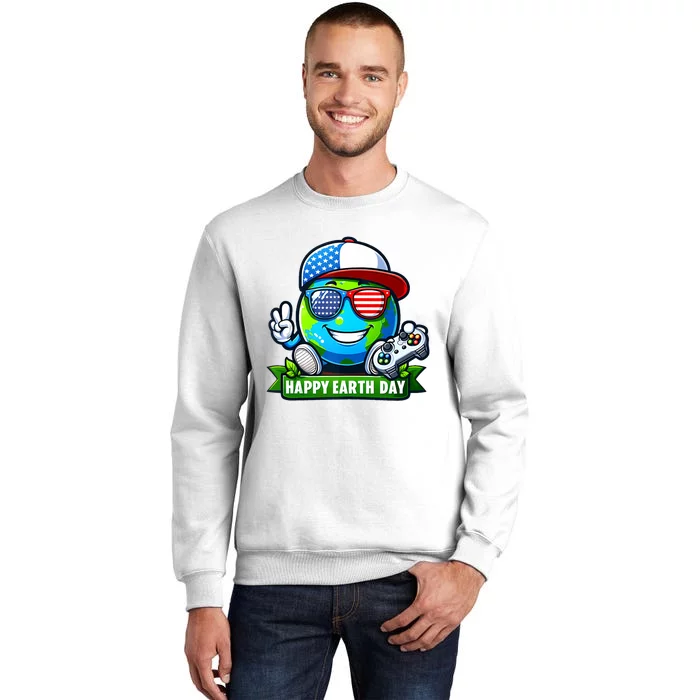 Funny Earth Day Playing Video GamesUsa Flag Glasses2024 Sweatshirt