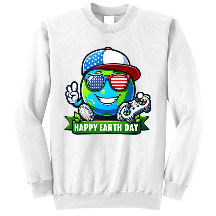 Funny Earth Day Playing Video GamesUsa Flag Glasses2024 Sweatshirt