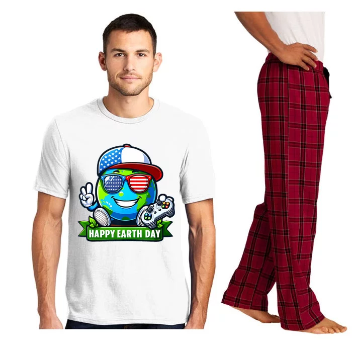 Funny Earth Day Playing Video GamesUsa Flag Glasses2024 Pajama Set