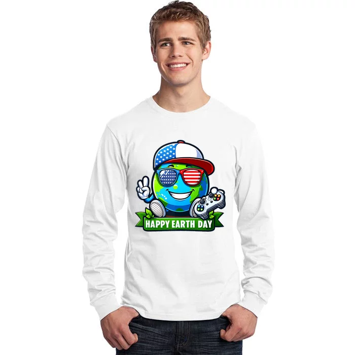 Funny Earth Day Playing Video GamesUsa Flag Glasses2024 Tall Long Sleeve T-Shirt