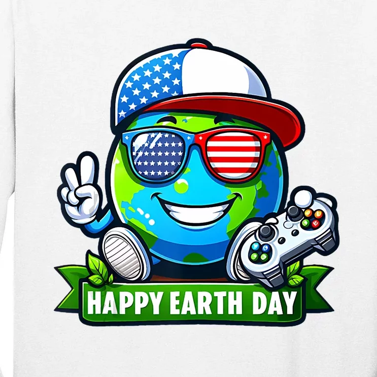 Funny Earth Day Playing Video GamesUsa Flag Glasses2024 Tall Long Sleeve T-Shirt