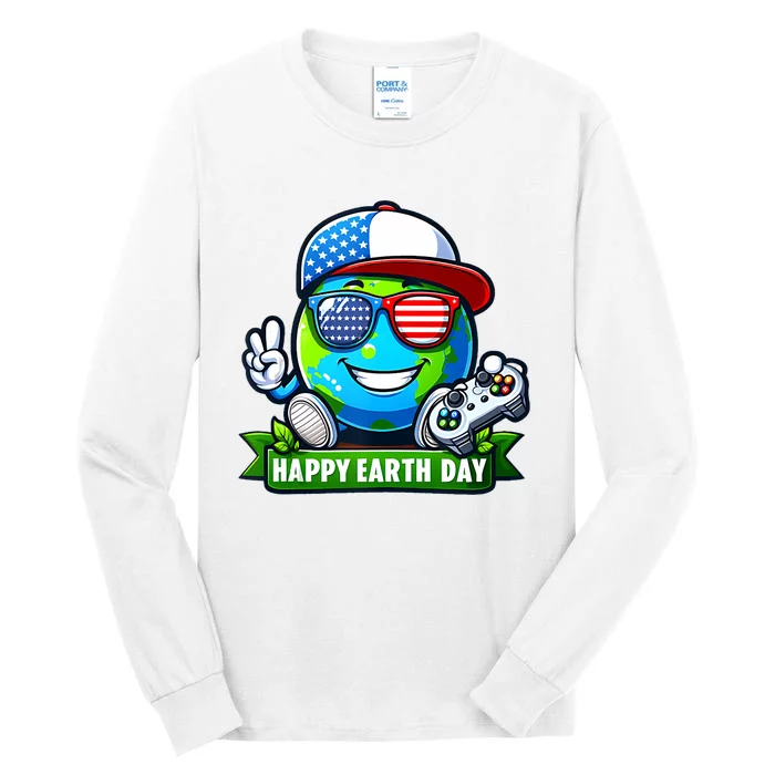 Funny Earth Day Playing Video GamesUsa Flag Glasses2024 Tall Long Sleeve T-Shirt