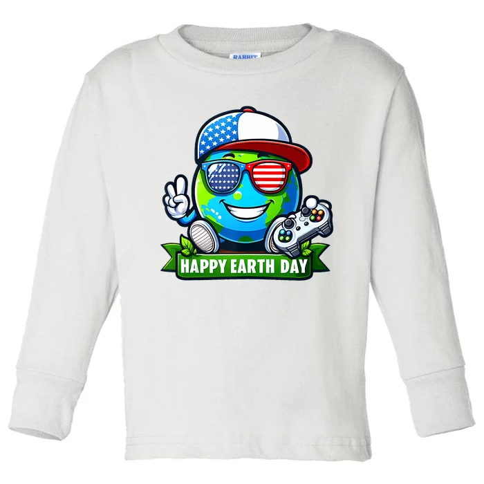 Funny Earth Day Playing Video GamesUsa Flag Glasses2024 Toddler Long Sleeve Shirt