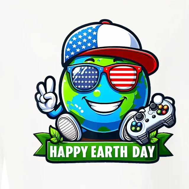 Funny Earth Day Playing Video GamesUsa Flag Glasses2024 Cropped Pullover Crew