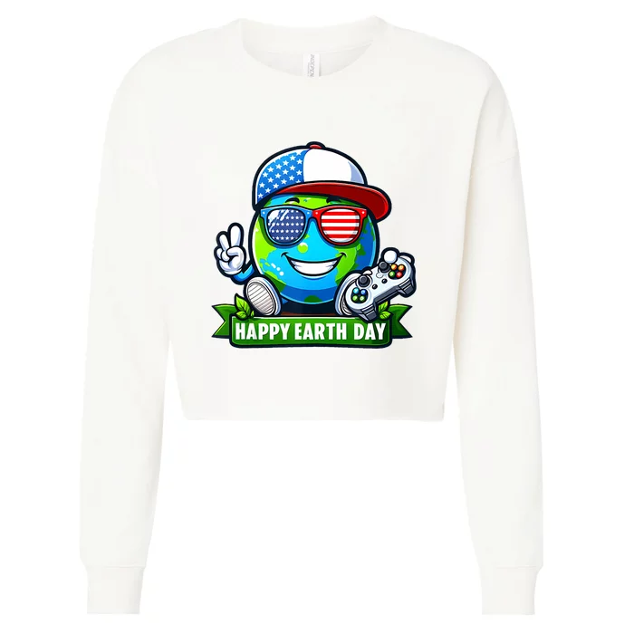 Funny Earth Day Playing Video GamesUsa Flag Glasses2024 Cropped Pullover Crew