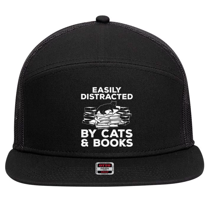 Funny Easily Distracted By Cats And Books Art 7 Panel Mesh Trucker Snapback Hat