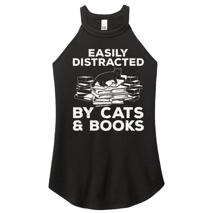 Funny Easily Distracted By Cats And Books Art Women’s Perfect Tri Rocker Tank