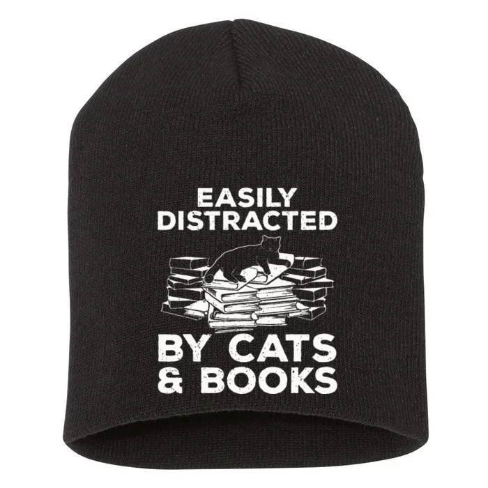 Funny Easily Distracted By Cats And Books Art Short Acrylic Beanie