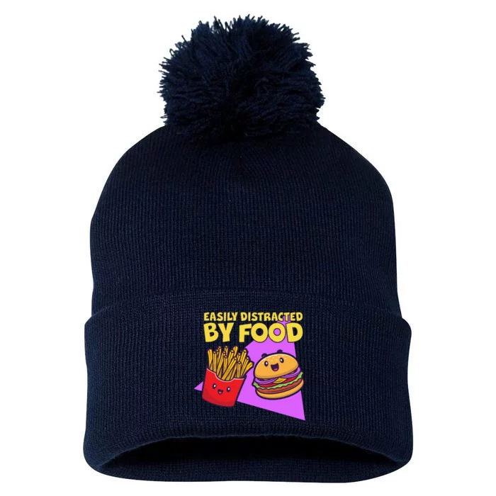 Funny Easily DIstracted By Food Cute Burger and Fries Pom Pom 12in Knit Beanie