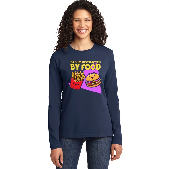 Funny Easily DIstracted By Food Cute Burger and Fries Ladies Long Sleeve Shirt