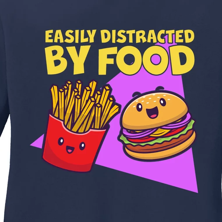 Funny Easily DIstracted By Food Cute Burger and Fries Ladies Long Sleeve Shirt