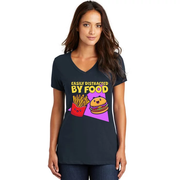 Funny Easily DIstracted By Food Cute Burger and Fries Women's V-Neck T-Shirt