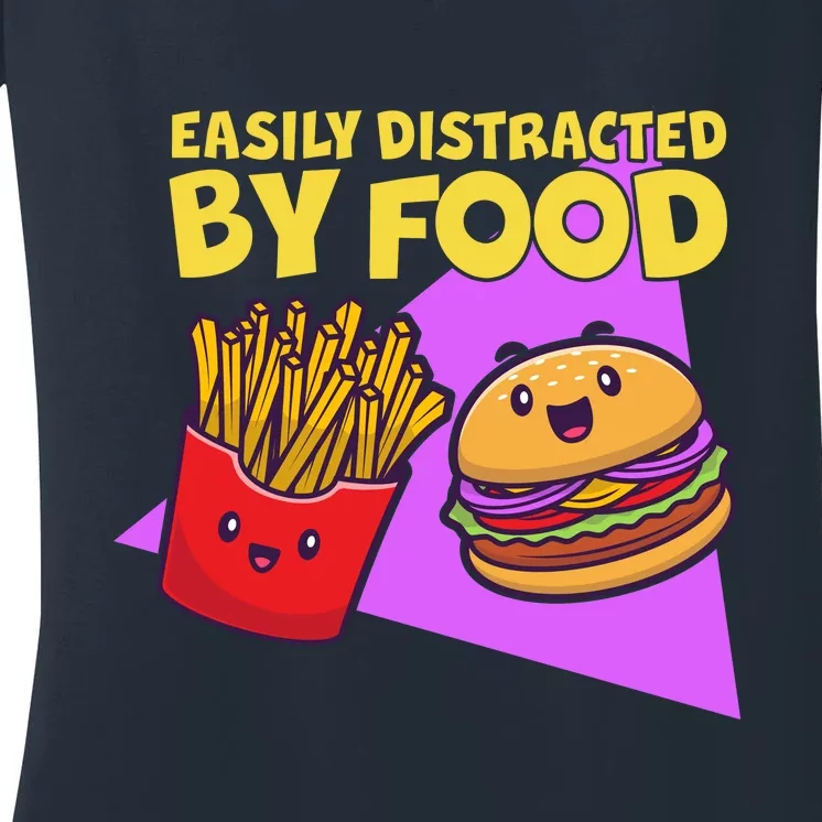 Funny Easily DIstracted By Food Cute Burger and Fries Women's V-Neck T-Shirt