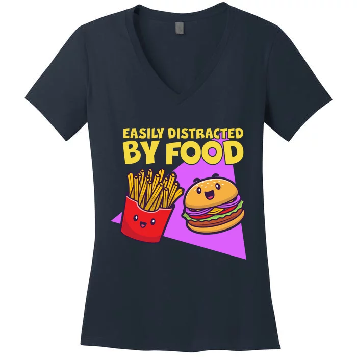 Funny Easily DIstracted By Food Cute Burger and Fries Women's V-Neck T-Shirt