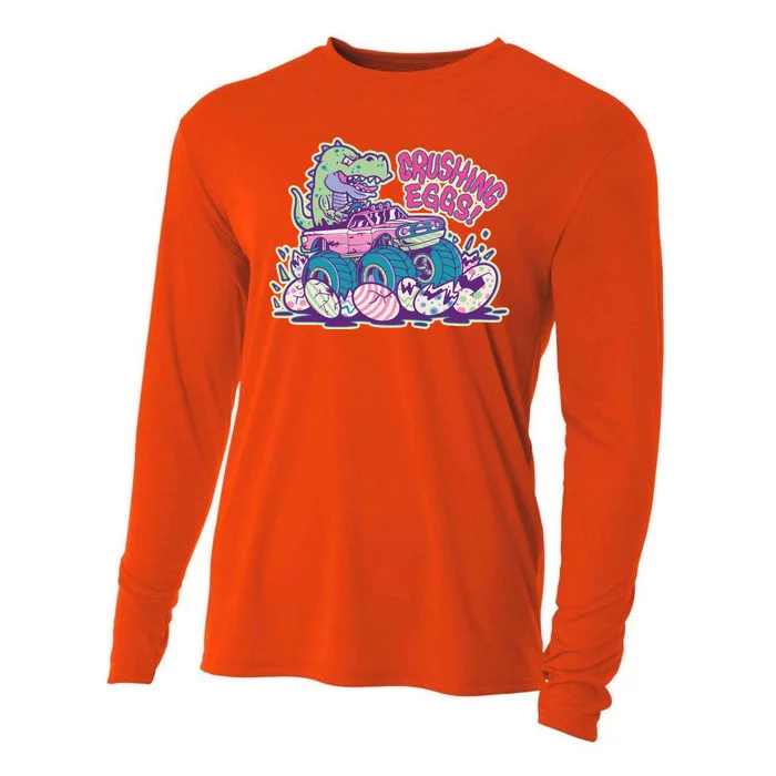 Funny Easter Dinosaur Monster Truck Crushing Eggs Cooling Performance Long Sleeve Crew