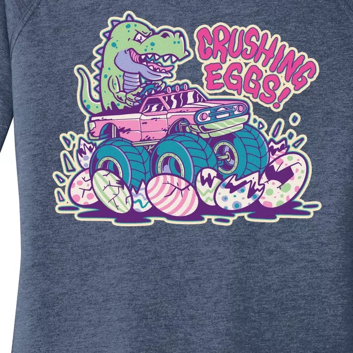 Funny Easter Dinosaur Monster Truck Crushing Eggs Women's Perfect Tri Tunic Long Sleeve Shirt