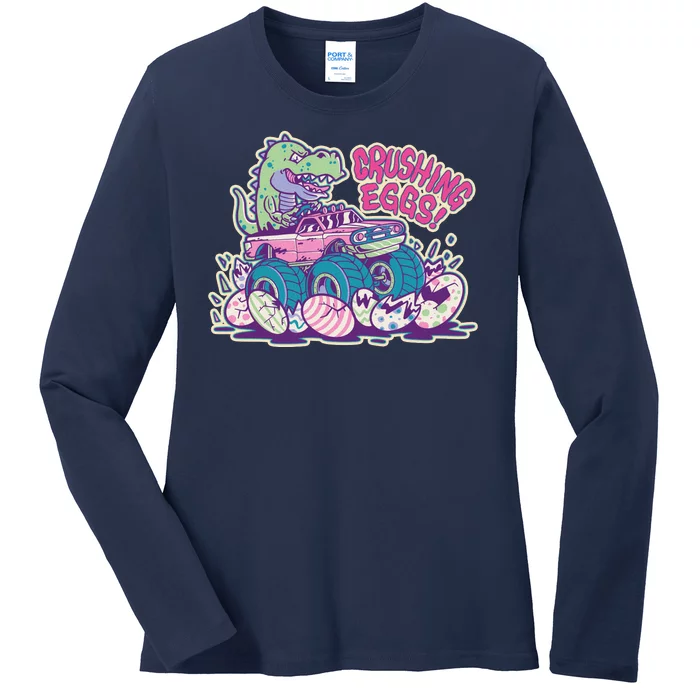 Funny Easter Dinosaur Monster Truck Crushing Eggs Ladies Long Sleeve Shirt