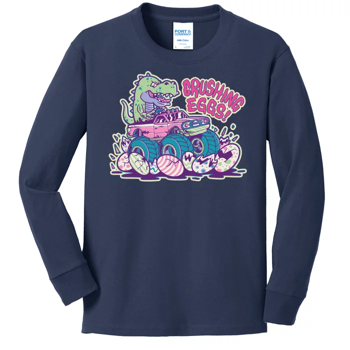 Funny Easter Dinosaur Monster Truck Crushing Eggs Kids Long Sleeve Shirt