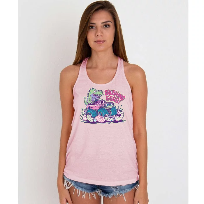 Funny Easter Dinosaur Monster Truck Crushing Eggs Women's Knotted Racerback Tank