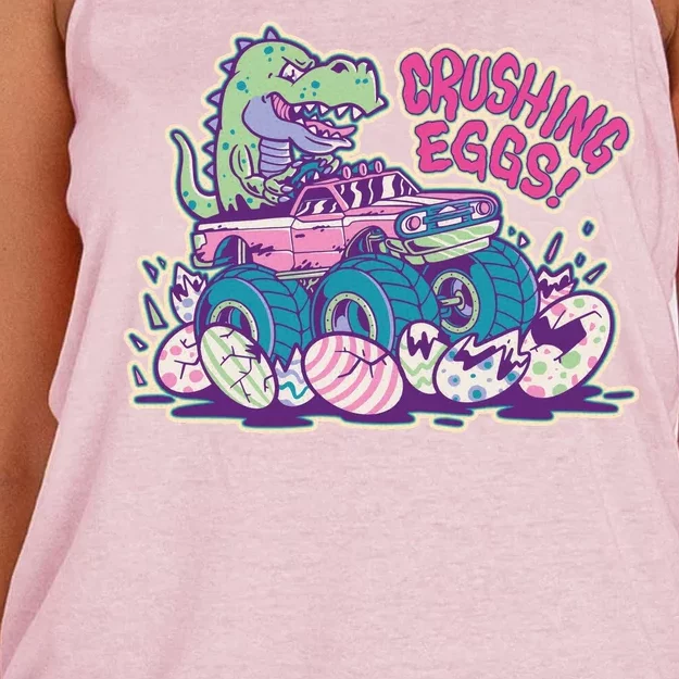 Funny Easter Dinosaur Monster Truck Crushing Eggs Women's Knotted Racerback Tank