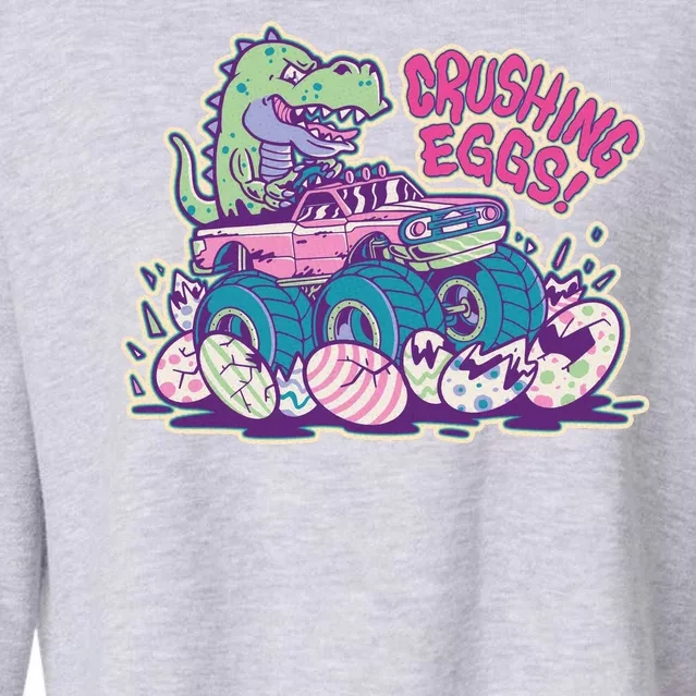 Funny Easter Dinosaur Monster Truck Crushing Eggs Cropped Pullover Crew