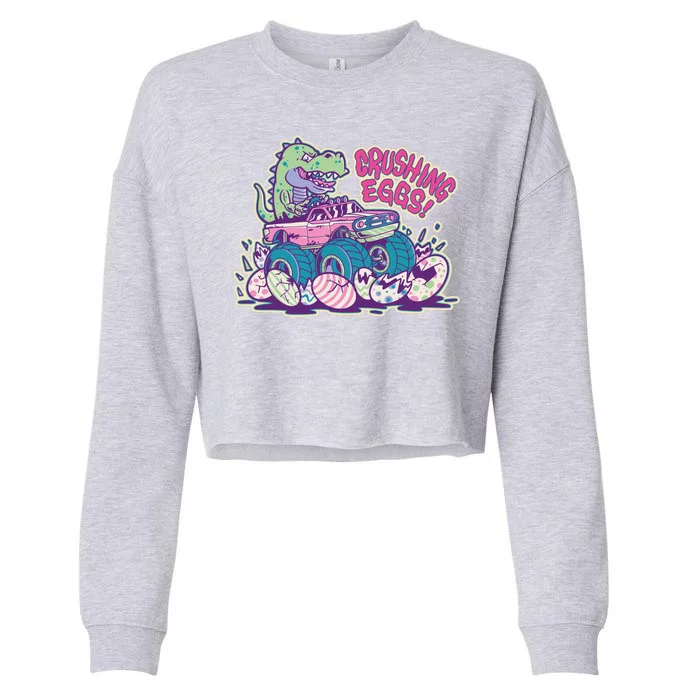 Funny Easter Dinosaur Monster Truck Crushing Eggs Cropped Pullover Crew