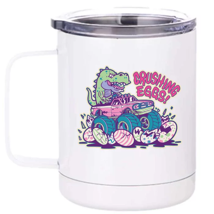 Funny Easter Dinosaur Monster Truck Crushing Eggs Front & Back 12oz Stainless Steel Tumbler Cup