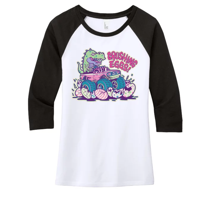 Funny Easter Dinosaur Monster Truck Crushing Eggs Women's Tri-Blend 3/4-Sleeve Raglan Shirt