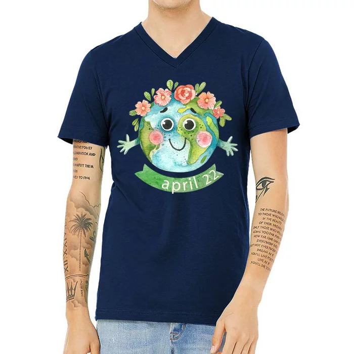 Floral Earth Day April V-Neck T-Shirt